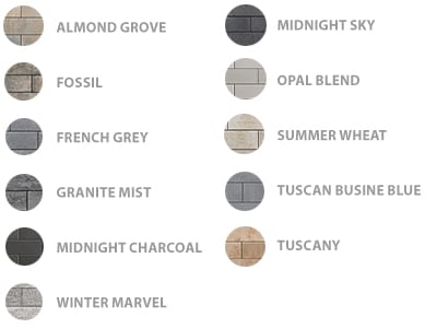 Almond Grove, Fossil, French Grey, Granite Mist, Midnight Charcoal, Winter Marvel, Midnight Sky, Opal Blend, Summer Wheat, Tusan Busine Blue, Tuscany